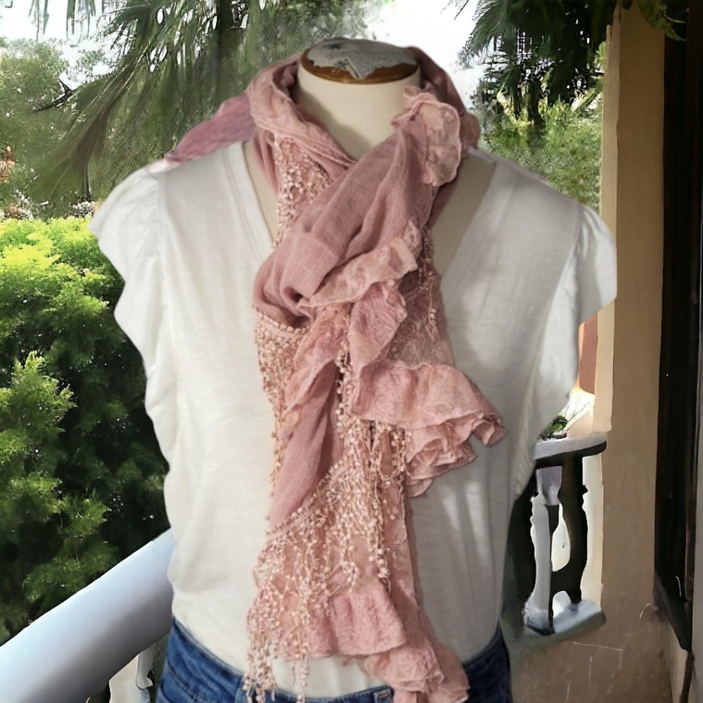 Pink Ruffle and Lace Thin Knit Scarf Wrap